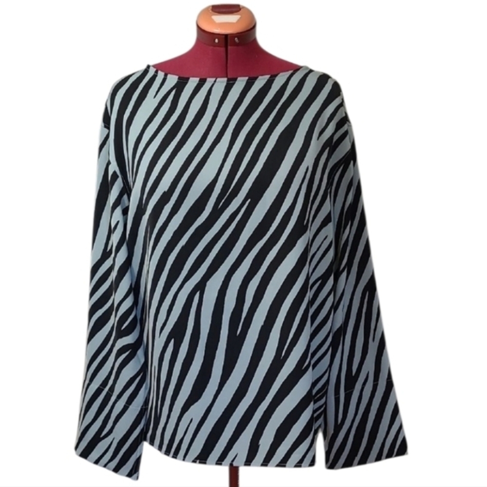 Zebra Print Top Wide Sleeve Boat Neck Blouse Black Blue
